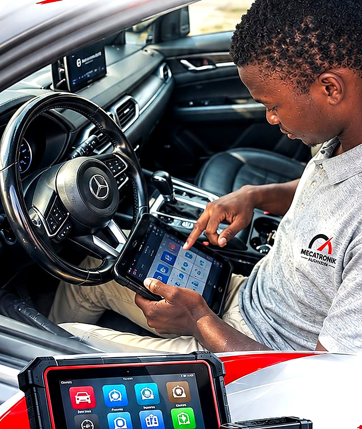 Technicien Mecatronik lisant les codes défaut à la valise de diagnostic Autel, à bord d'un véhicule client à Dakar